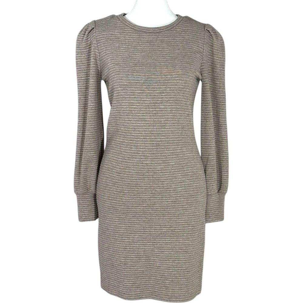 BB Dakota Steve Madden Dress Womens Small Tan Striped Puff Sleeve Ribbed Mini